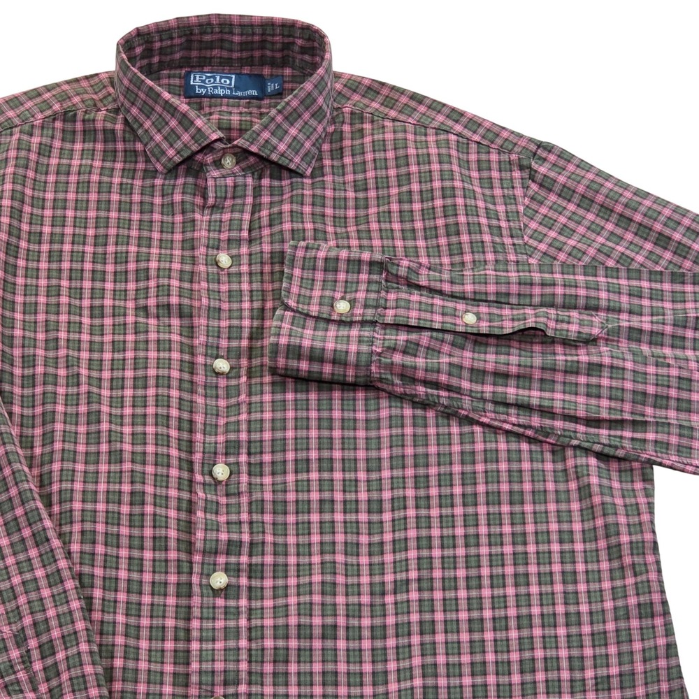 Polo Ralph Lauren Mens Large Red Green Plaid Button‎ Up Long Sleeve Shirt